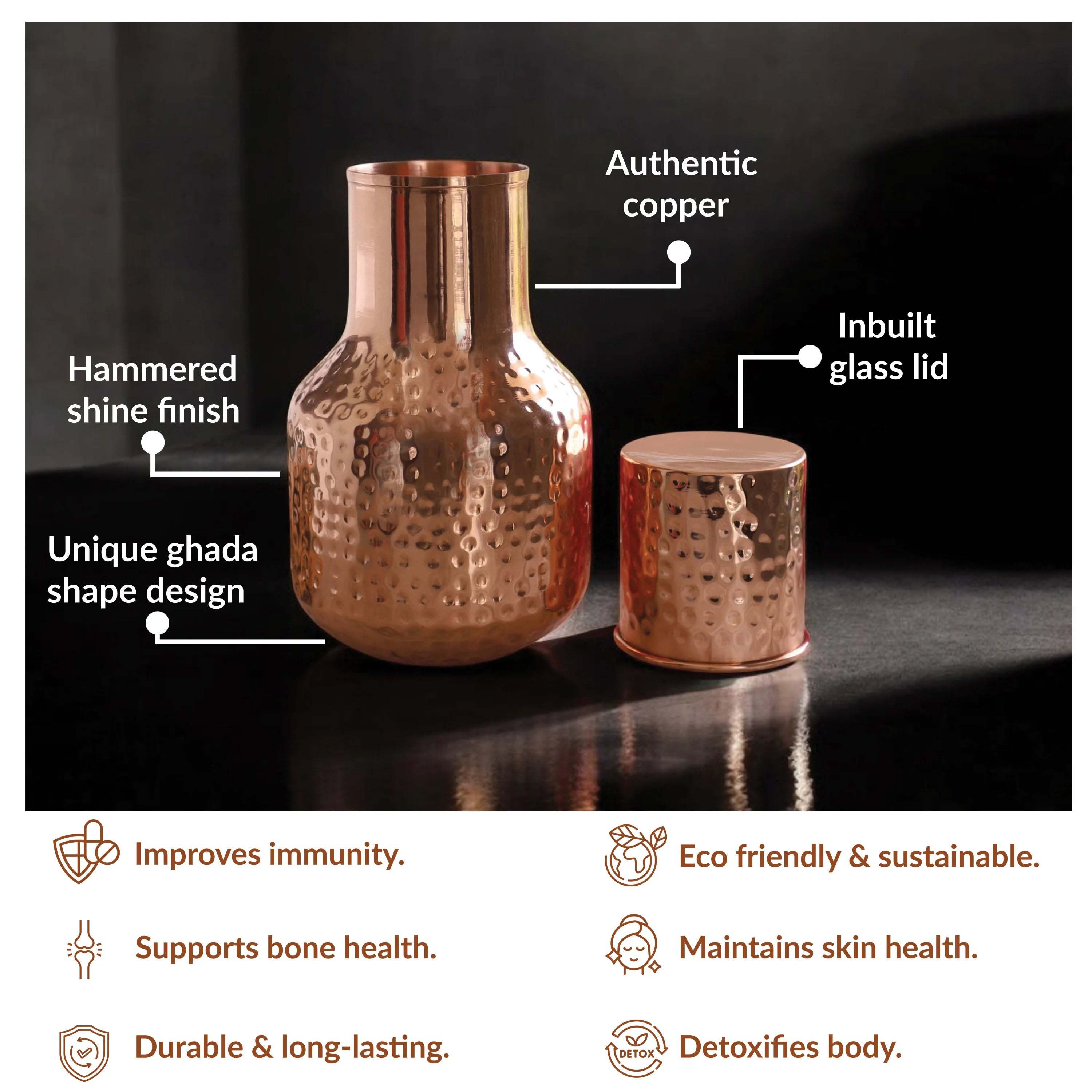 Copper hammered & embossed shine finish ghada shape bedroom bottle hammered - 1530 ML